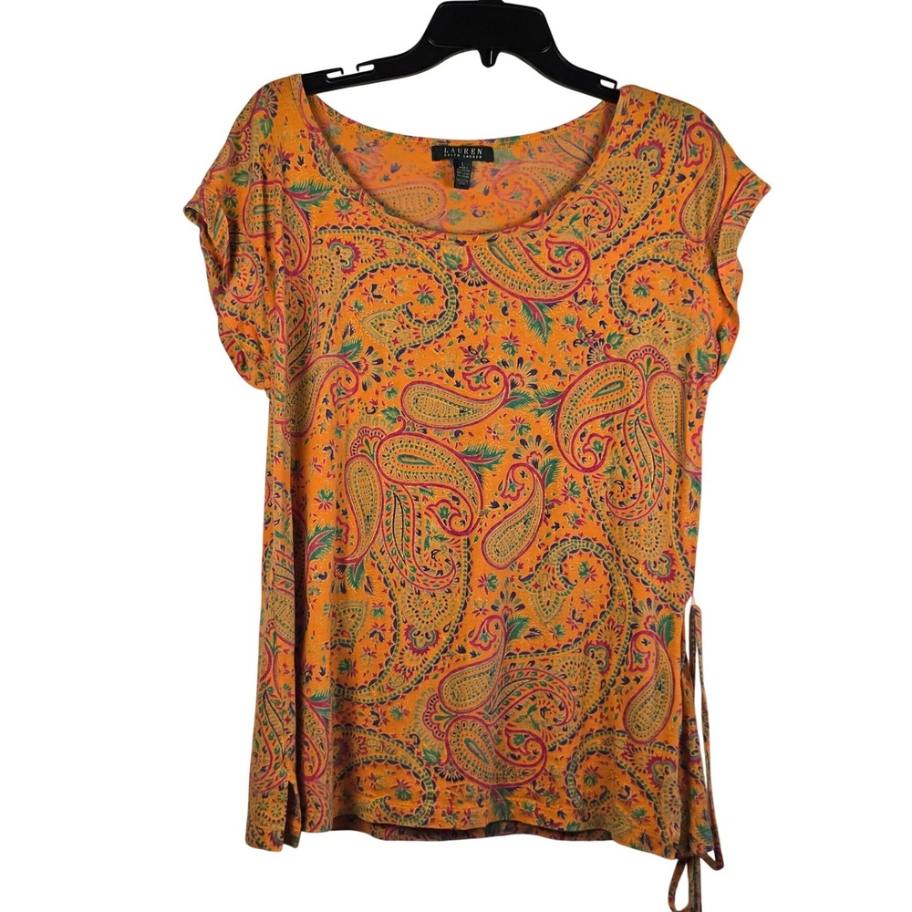 Lauren Ralph Lauren Orange Paisley belted Cotton Scoop Neck Top Boho